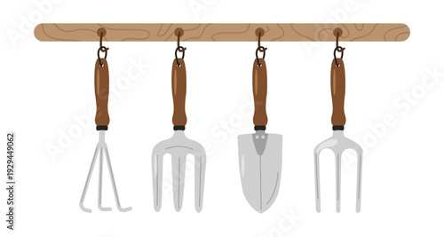 Garden tool set: various rakes, shovel. Growing plants, soil and garden care. Vector flat illustration.