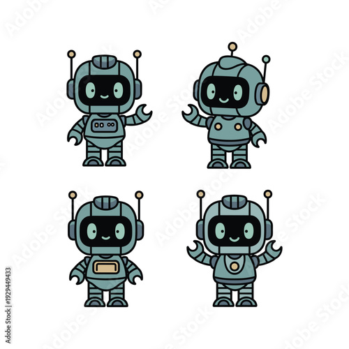 Cute cartoon robots in various poses on white background