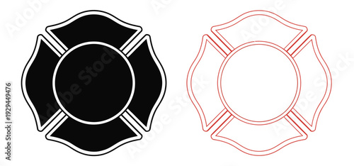 Firefighter badge icon pack, St Florian Maltese Cross and fire department symbol, vector illustrations for firefighter, emergency services, safety awareness, and public service creative projects.