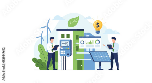 Sustainable Energy Management Professionals Monitoring Green Power Solutions with Solar, Wind, and Smart Technology for Cost Savings & Eco-Friendly Business