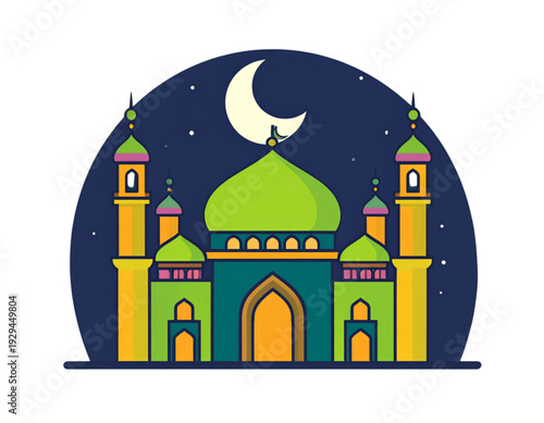 A beautiful mosque under the moonlight with a crescent moon and stars in the sky. isolated on transparent background