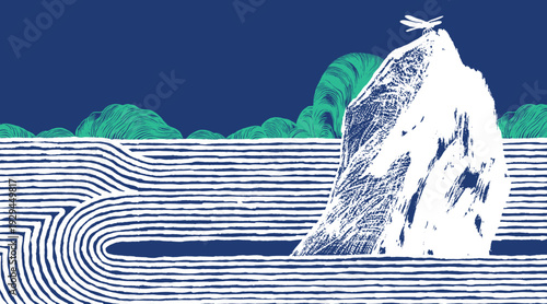 Elegant Japanese-inspired background with a white textured stone and dragonfly over blue raked sand ripples. Hand-drawn etching and green hills create a serene, meditative aesthetic.