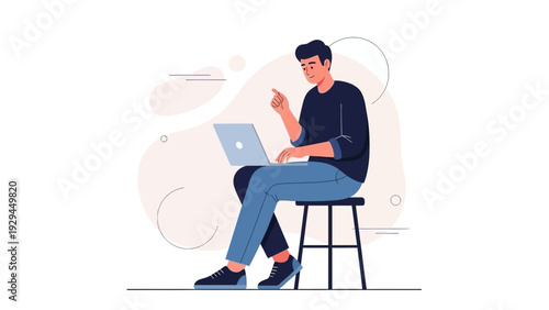 Young man working on laptop, sitting on stool, modern illustration, light background