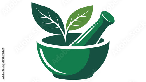 Green minimalist mortar and pestle with fresh leaf for natural health and wellness