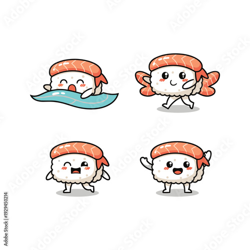 Cute cartoon rice balls in various poses and actions with red headbands