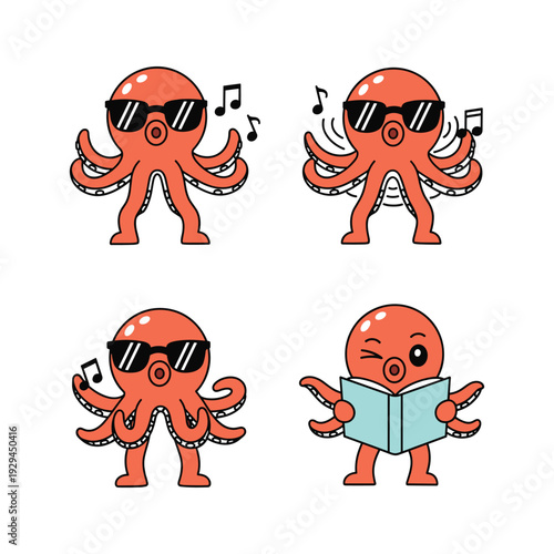 Cartoon octopus characters enjoying music and reading in various poses with sunglasses