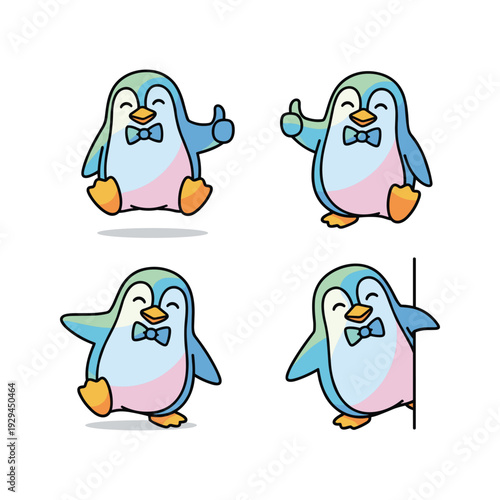 Cartoon penguin characters showing different gestures and emotions with copy space