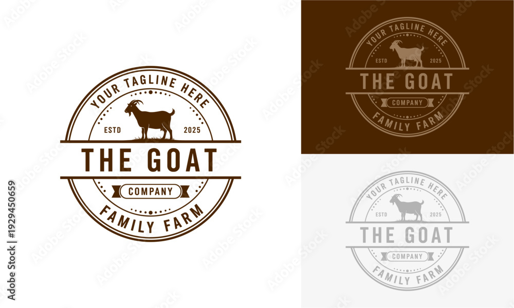 Obraz premium Vintage style goat farm logos displayed on various backgrounds from different viewpoints