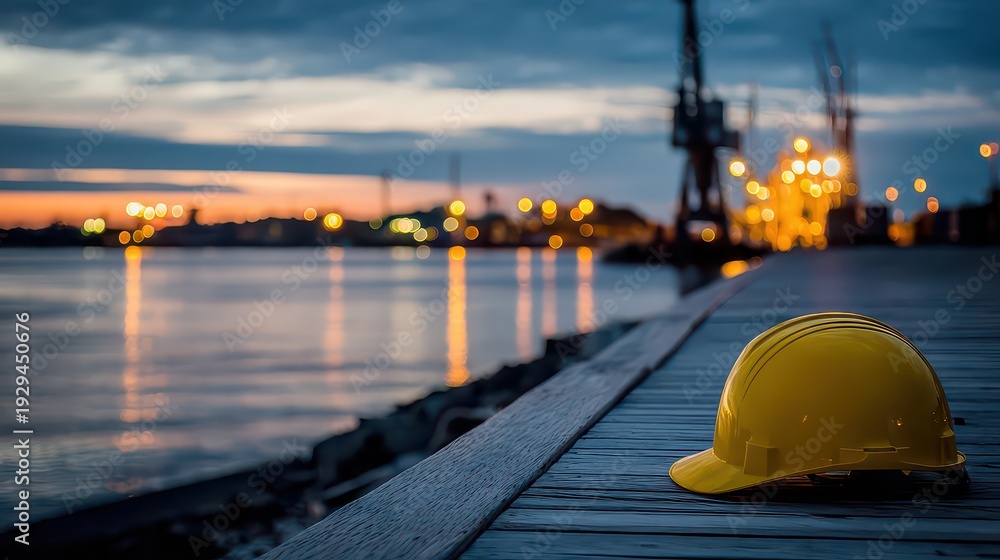 Fototapeta premium Yellow Hard Hat Resting on Wooden Pier at Dusk with Blurred Industrial Backdrop