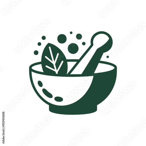 Minimalist herbal medicine mortar and pestle with green leaf