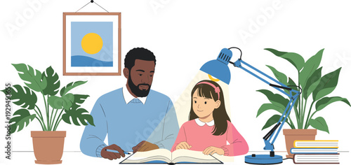 African American father helping young daughter with school homework under desk lamp in cozy home interior concept