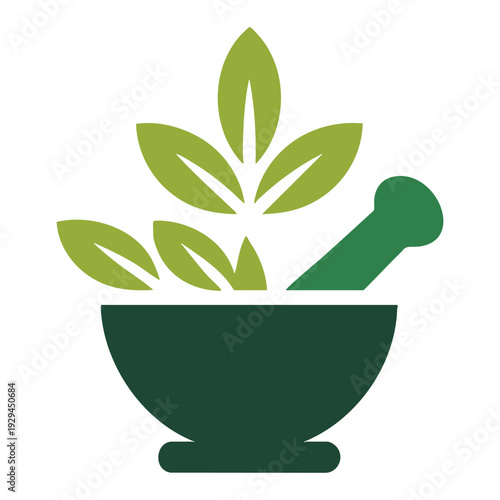 Minimalist green herb mortar and pestle with fresh leaves vector illustration