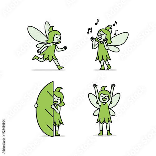 Cartoon fairy set performing various actions in green costume with white wings