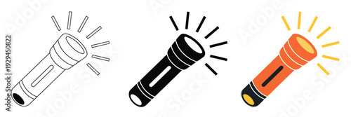 Flashlight and portable lamp vector illustration, includes handheld torch, LED lamp, and emergency light icons for camping, safety, and outdoor digital design projects.