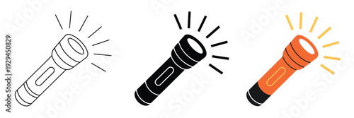 Flashlight vector icon set, portable lamp, handheld torch, and LED light symbols for emergency, outdoor activities, camping, and utility illustration projects.