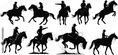 Collection of cowboy and horse silhouettes featuring dynamic riding poses, lasso action, western culture, rodeo movement, and traditional Wild West design inspiration