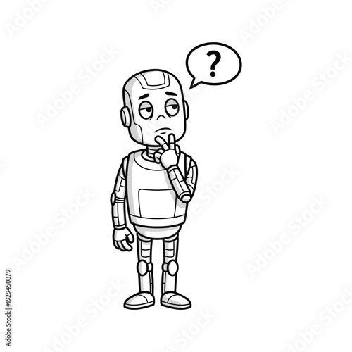 Robot thinking with question mark in thought bubble, contemplative expression, monochrome illustration