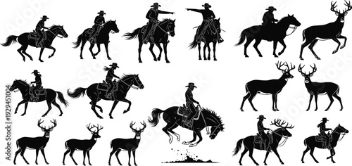 Collection of cowboy riding horse silhouettes and deer wildlife figures, western ranch style vector art for design, hunting, nature, and adventure themes