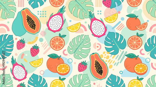 Colorful Tropical Fruit Seamless Pattern with Papaya, Dragon Fruit and Abstract Leaves