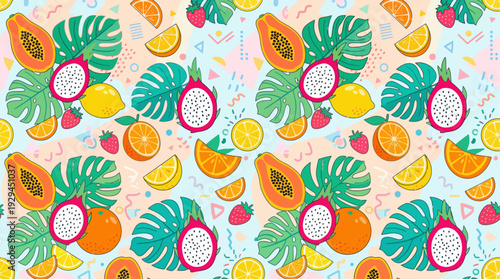 Colorful Tropical Fruit Seamless Pattern with Papaya, Dragon Fruit and Abstract Leaves