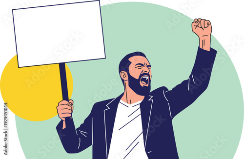 Angry man shouting and holding blank protest sign with raised fist for activism and social justice movement concept