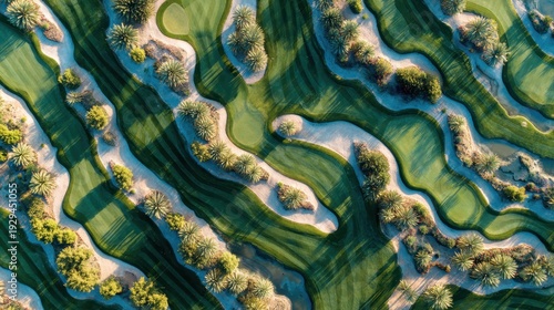 Vibrant green golf fairways weave through sandy bunkers and palms. Use for illustrating luxury resorts, golf lifestyle, or landscape design.