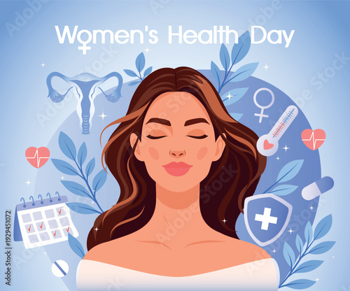 International Women's Health Day. Mental health of women. Woman surrounded by medical elements calendar, uterus, pills, plants, symbol of self-care, awareness. Vector illustration for health projects