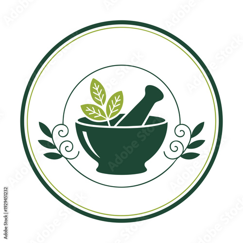 Elegant minimalist mortar and pestle with herbs vector icon