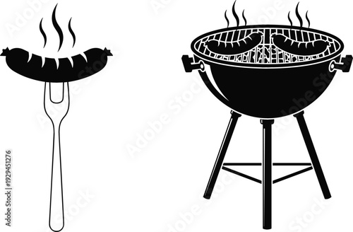 Black silhouette vector icons of a charcoal kettle grill and a grilled sausage on a carving fork