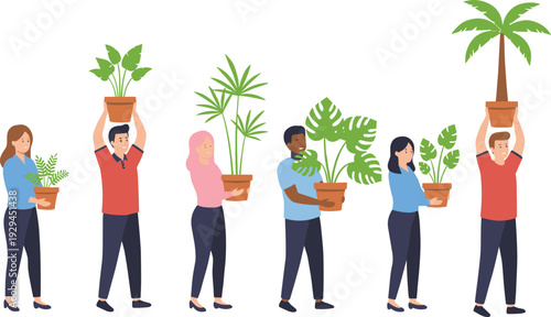 Group of people holding potted plants illustration, gardening and environmental care concept, indoor plants collection promoting sustainability, teamwork, nature protection and eco friendly lifestyle