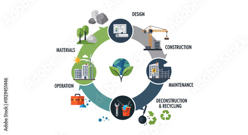 Circular Economy Building Lifecycle Infographic: Sustainable Construction Process from Design to Recycling and Operation