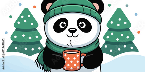 Cute Panda Wearing Winter Hat and Scarf Holding Hot Drink Minimal Cartoon Vector Illustration