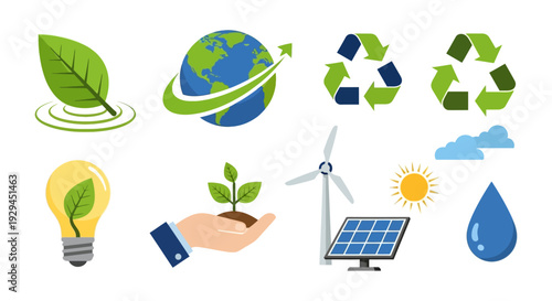 Eco-Friendly & Sustainable Icons Set: Green Energy, Recycling, Earth Protection, Nature Conservation, Renewable Power Solutions