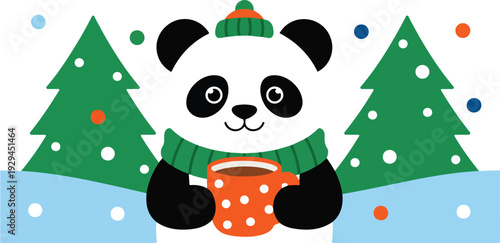 Cute Panda Wearing Winter Hat and Scarf Holding Hot Drink Minimal Cartoon Vector Illustration