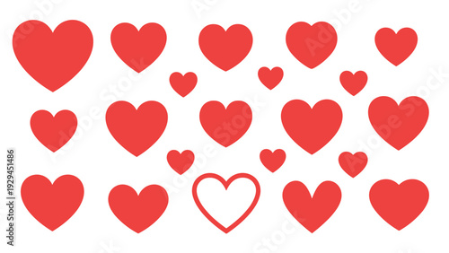 Collection of bright red heart shapes in various sizes including solid icons and one outline heart on a clean white background.