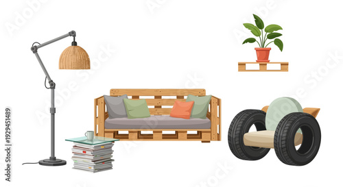 Eco-Friendly Repurposed Furniture & Home Decor Set. Sustainable Living Illustrations: Pallet Sofa, Tire Armchair, DIY Lamp, Magazine Table, Plant.