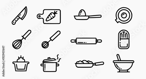 Kitchen Utensils and Cooking Tools Line Icon Set