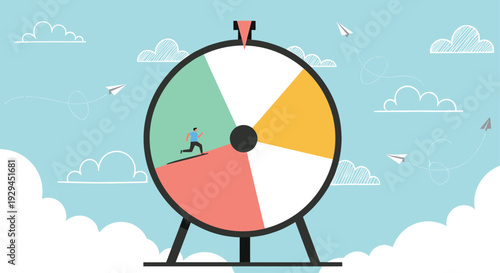 Business professional running inside a large colorful wheel in the sky for rat race and productivity cycle concept