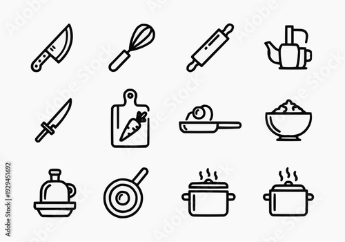 Kitchen Utensils and Cooking Tools Line Icon Set