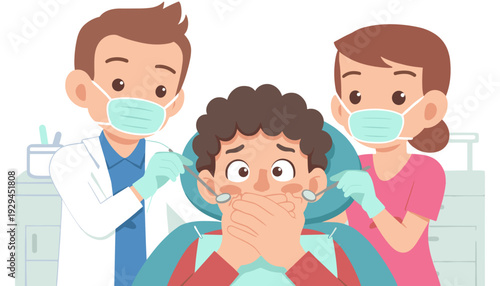 Young child displaying dental phobia, covering mouth with hands during a dental exam with two medical professionals.