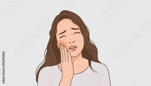 Distressed young woman suffering from a painful toothache, touching her sore cheek on a light background.