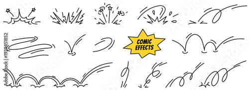Doodle superhero effects. Comic elements of speed, action lines, jump, impact effects, explosion symbols. Hand drawn icon set. Vector illustration isolated on a white background.