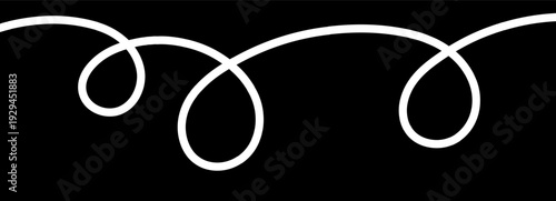 Line cable drawing with squiggle long curve and abstract tangles. Wavy curvy thread. White vector on black background. Line doodle rope for squiggle divider element and curved designs