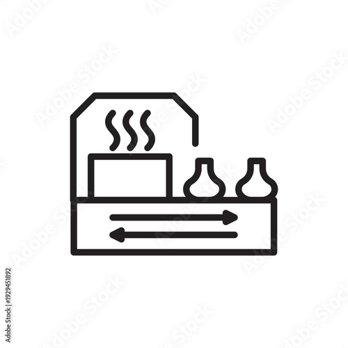 Linear vector icon of an automated industrial conveyor belt system featuring a thermal processing unit and product packaging. Ideal for manufacturing, food processing, automation, and smart factory.