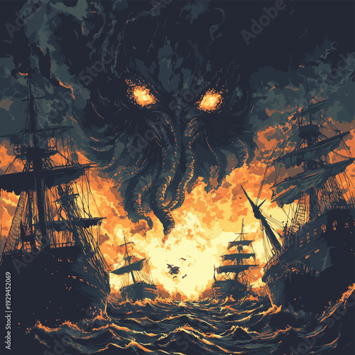 fantasy scene showing Cthulhu the giant sea monster destroying ships, Generative AI , vector style simple color