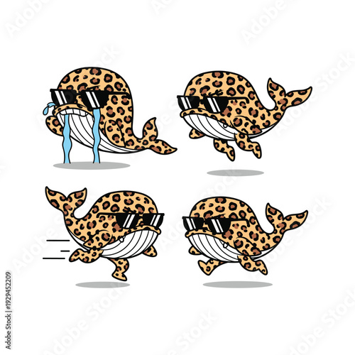 Cartoon leopard whales dancing and having fun in various poses with copy space