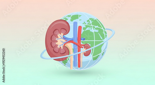 Human kidney anatomy on a globe with a red and blue vascular system on a pastel background