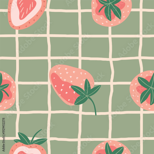 Seamless pattern with strawberries on a green checkered background. Summer decor design. Flat style.