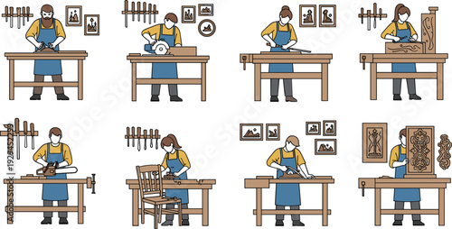 Collection of professional carpenters and woodworkers working on workbenches with various hand tools and power saws flat vector illustration