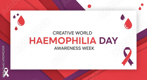 Haemophilia day awareness week with creative world logo and red purple ribbons for health campaign